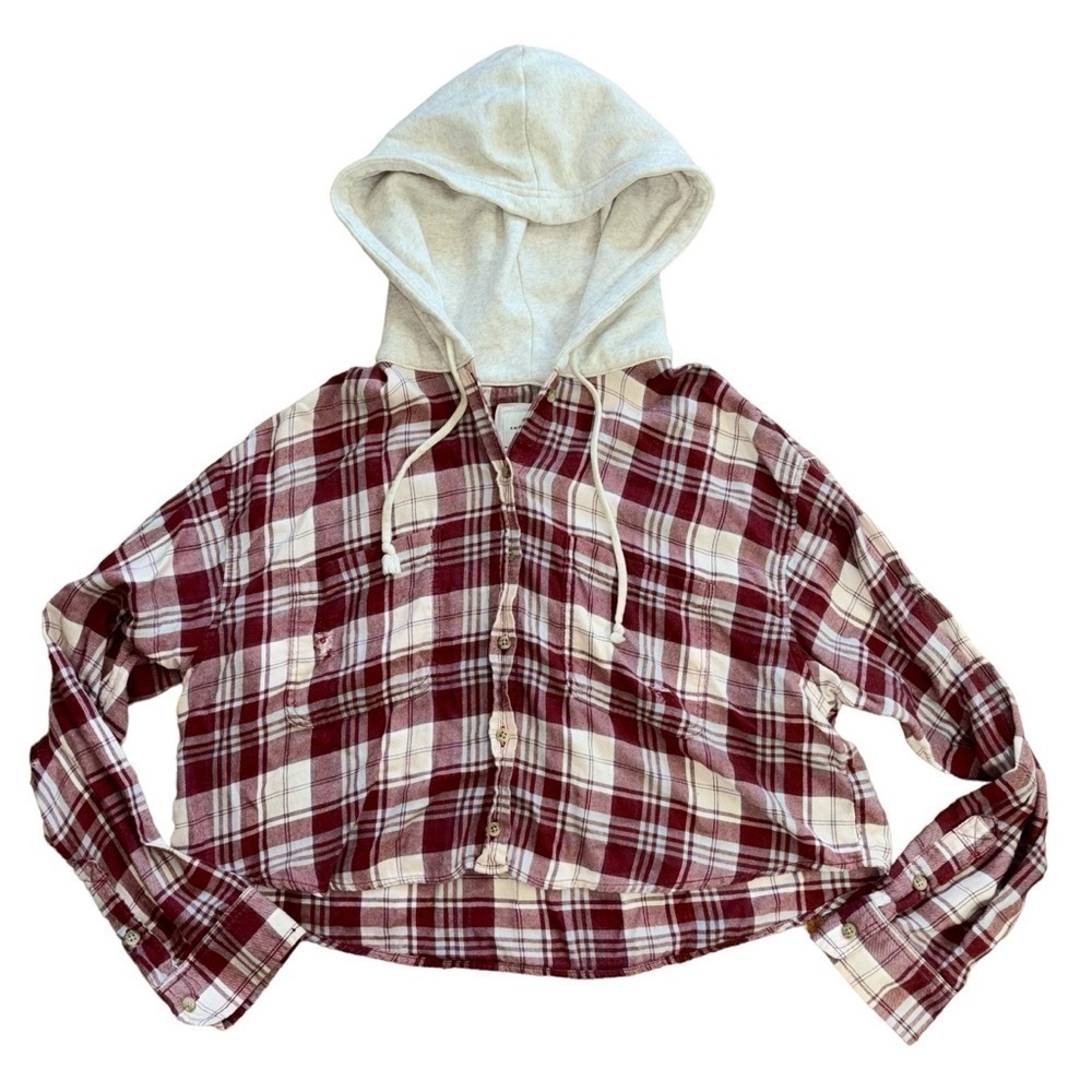 American Eagle Hooded Plaid Cropped Button Flannel Grunge Punk Women’s L Fall